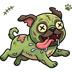 Fototapeta premium A cartoon zombie dog with stitched wounds and drooling tongue runs towards the viewer in a spooky illustration.