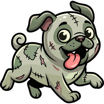 A cartoon zombie dog runs forward with stitched wounds