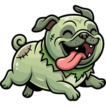 A cartoon zombie pug dog runs with a stitched body and a happy expression.