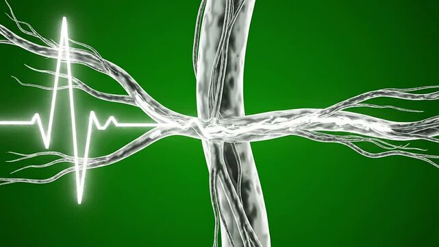 3D CGI Animation of Peripheral Nerve Pathways with Heart Rate Monitor Line on Green Background for Medical and Neurohealth Concepts