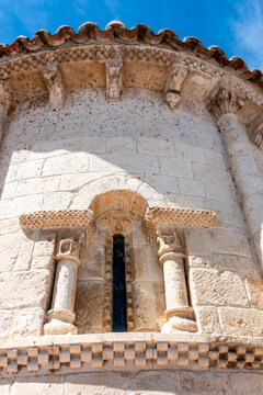 Architectural detail of a 12th-century Romanesque window with carved capitals at the Church of San Juan ante Portam Latinam in Arroyo de la Encomienda, Valladolid, Castilla y Leon, Spain