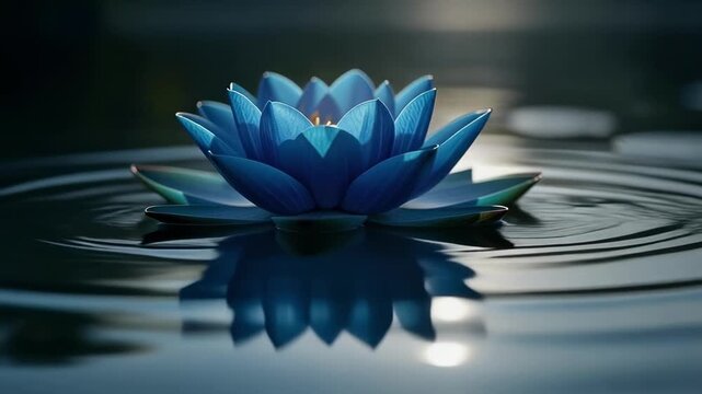 Serene video of a delicate blue lotus flower floating gracefully on calm water