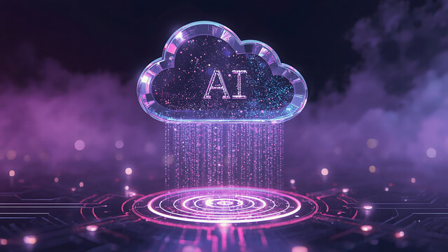 Artificial Intelligence cloud computing concept, futuristic AI digital data storage, glowing purple neon cloud icon with binary code rain