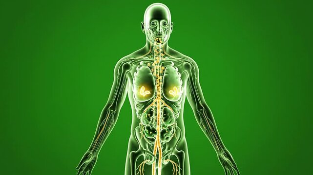3D CGI Lymphatic Drainage Medical Animation With Human Anatomy Illustration Against Green Background