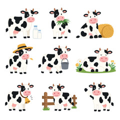 Obraz premium Collection of Cute Cartoon Cows in Various Poses and Activities on a Farm.