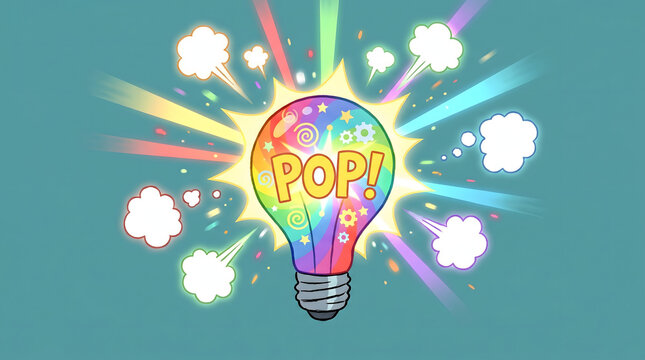 Colorful Pop Art Light Bulb Illustration with Exploding Rainbow Rays and Comic Speech Clouds