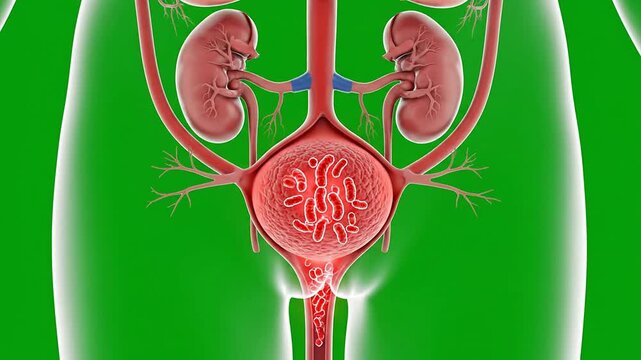 3D CGI Medical Animation of Urinary Tract, Kidneys, Bladder, and Ureters Demonstrating Urinary Tract Infection With Detailed Anatomical Features