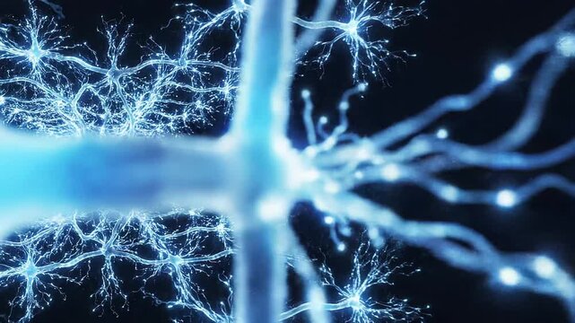 Animated neural network with glowing blue electrical impulses and synapses