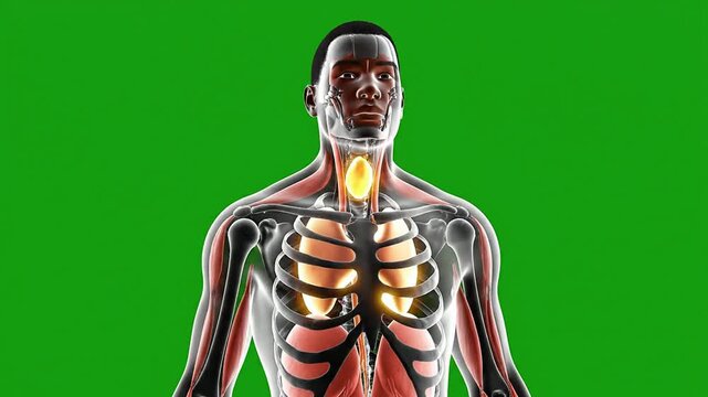 3D CGI Medical Animation Showcasing Hyperthyroidism Effects on Human Anatomy with Green Screen Background for Medical Visualization and Education