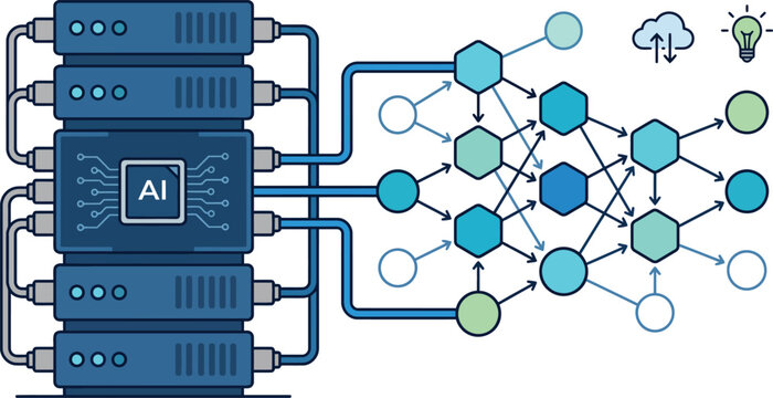 Professional vector diagram featuring AI servers connected to a machine learning network architecture. Ideal for illustrating artificial intelligence, data flow, and neural network models.