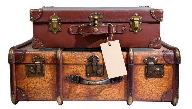 Two vintage leather suitcases stacked one on top of the other, with brass hardware and a blank tag