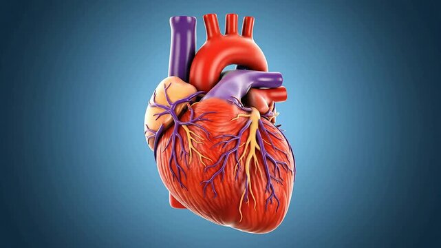 3D Detailed Medical Model of a Human Heart Centered on Clean Clinical Blue Background for Educational and Healthcare Use