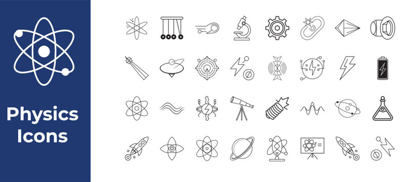 Physics icons set including atoms planets microscopes and science symbols  educational physics illustrations for science and education