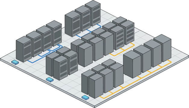 An isometric 3D architectural illustration of a professional data center layout showing neat rows of grey server enclosures placed on a raised floor grid with integrated cooling.