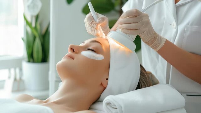 A tranquil spa setting shows a client receiving a facial treatment. The technician, gloved, gently applies a specialized tool to the client's skin for a rejuvenating beauty experience.