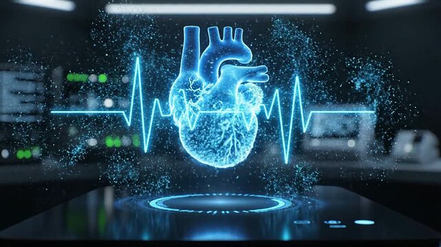 3D Holographic Projection of a Human Heart in a Dark Laboratory Setting with Digital Visualizations and Heartbeat Wave Graphics