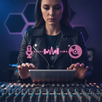 A female music producer in a leather jacket using a digital tablet and mixing board with glowing neon pink audio production icons floating in the air