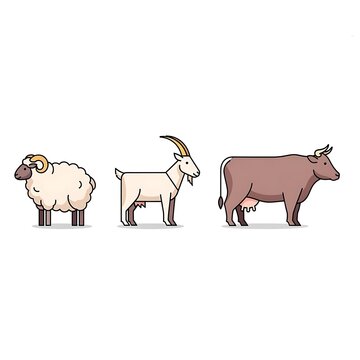 Vector illustration of sheep, goat and cow standing in line
