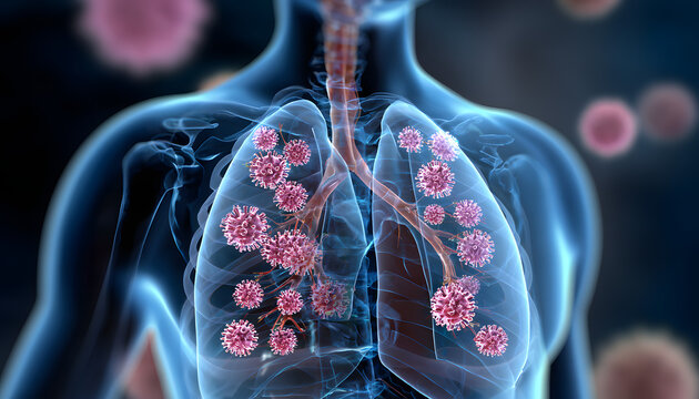 The human body consists of translucent lungs and hantavirus particles