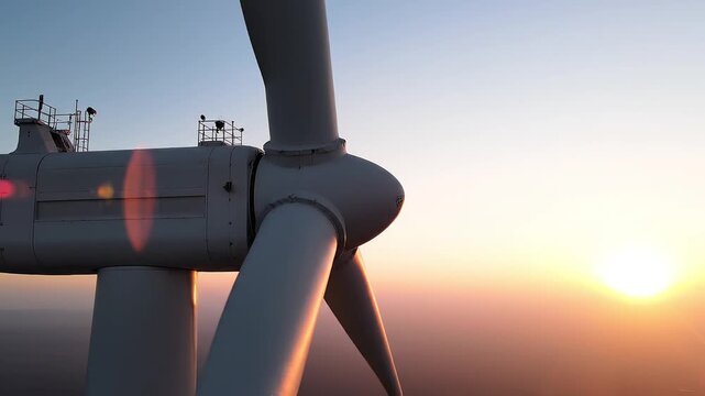 Close up of wind turbine rotating blades generating green energy at sunset