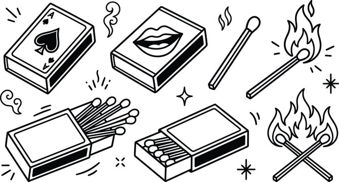 Vintage matchbox and burning matches set with flame and ace of spades in doodle line art style