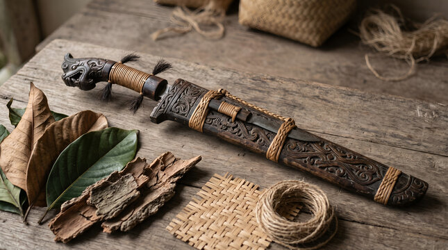 Authentic Dayak mandau presented with natural materials for cultural tourism, museum collections, educational resources, and heritage branding projects.
