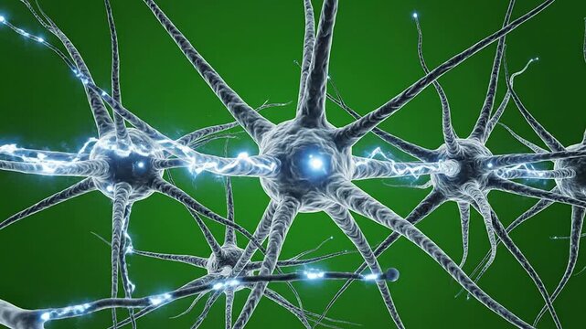3D Medical Animation Of Neuron Cluster On Green Screen Displaying Electric Signals And Connectivity Features