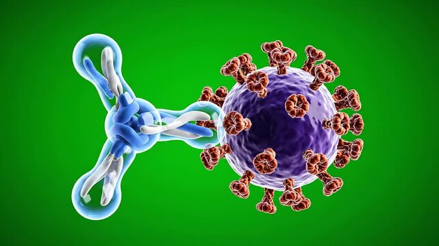 3D Medical Animation of Y-Shaped Antibody Molecule Interacting with Virus on Green Screen Background for Healthcare and Biotechnology Concepts