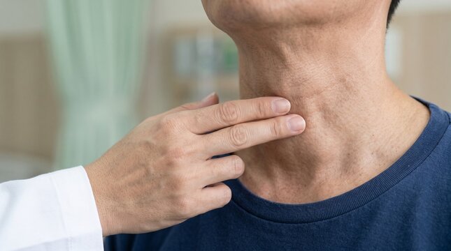 Medical Thyroid Examination Showing Subtle Neck Lump with Doctor Style Hand Inspection