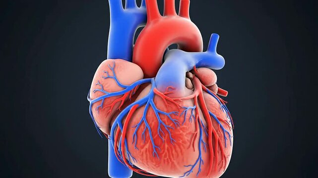3D Medical Visualization of Heart Anatomy Highlighting Superior Vena Cava Aorta and Pulmonary Arteries on Dark Background