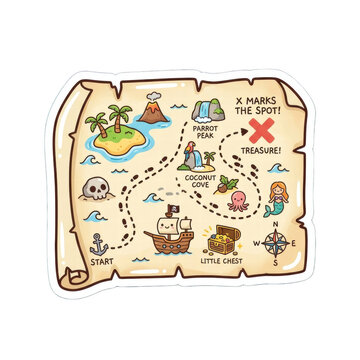 Cute cartoon treasure map with island mermaid and pirate ship