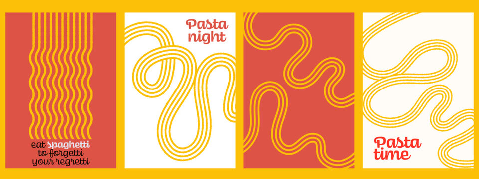 Pasta posters with wavy yellow spaghetti lines. Italian and Asian ramen food background for menu design and packaging.