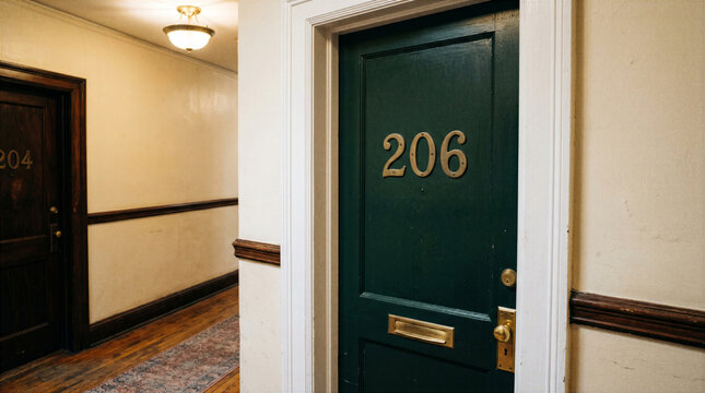 Dark green residential door labeled 206 in historic apartment building hallway