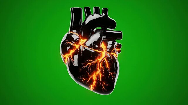 3D Render of Human Heart Carved from Polished Obsidian with Glowing Lava-Like Veins pulsating on Green Background