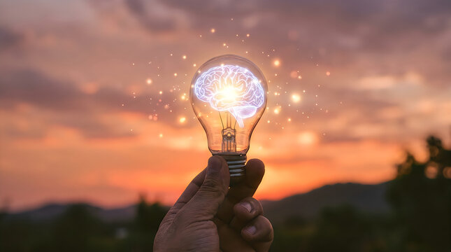 A hand holding a glowing light bulb with a digital brain inside against a beautiful sunset sky background