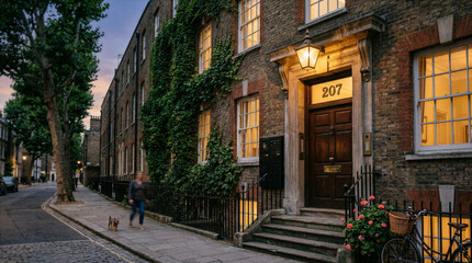 Fototapeta premium Historic ivy covered brick townhouse in London at twilight with person walking dog
