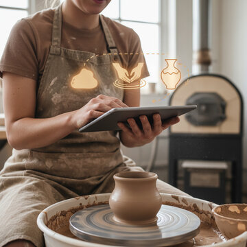 Close-up of a woman potter in an apron using a digital tablet with glowing instructional icons over a ceramic pottery wheel and clay pot in a studio