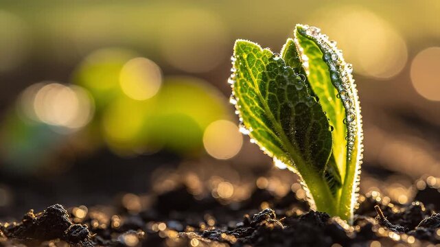 Young Green Sprout Growing From Soil Under Warm Morning Sunlight