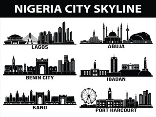 Naklejka premium Black skyline silhouettes of Lagos Abuja Kano Port Harcourt Ibadan Benin City Nigeria