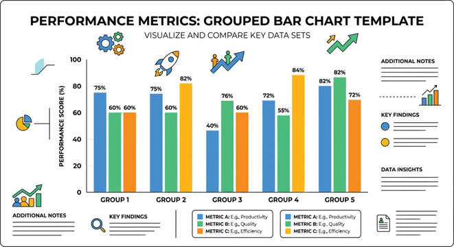 Grouped bar chart template visualizes performance metrics and compares data sets.