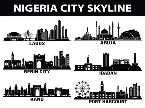 Black skyline silhouettes of Lagos Abuja Kano Port Harcourt Ibadan Benin City Nigeria