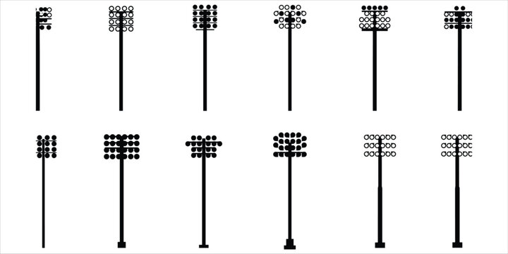 Collection of Silhouetted Floodlight Towers with Diverse Light Fixture Patterns Keywords: floodlight, stadium light, sports