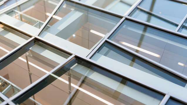 Close-up of a modern glass facade. Professional architectural shot highlighting contemporary building design, glazing systems, and structural engineering for corporate real estate projects