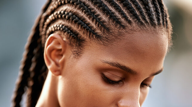 Black woman with intricate cornrow hairstyle, showcasing detailed braids and a smooth scalp, against a soft blurred background