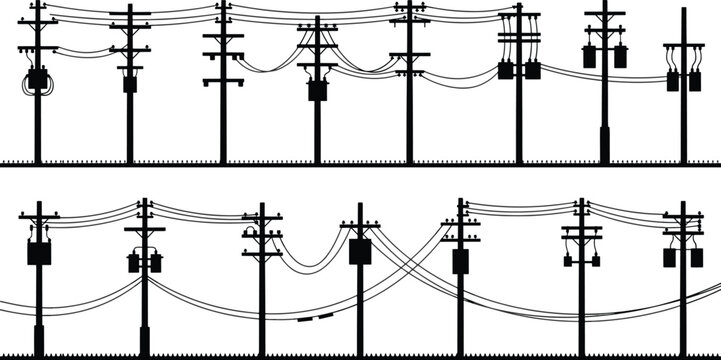 Collection of Silhouetted Utility Poles with Transformers and Overhead Electrical Wires Keywords: utility pole, power line