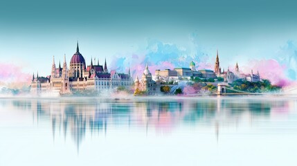 Obraz premium Beautiful colorful panoramic view of Budapest cityscape with famous historic buildings reflected in water under clear blue sky