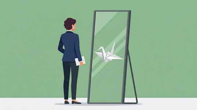 Minimalist vector art of professional figure looking into mirror seeing an origami paper crane reflection representing imposter syndrome concept