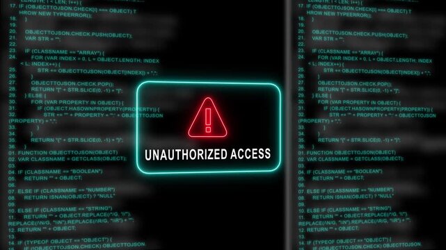 Red Exclamation Mark Warning Symbol unauthorized access Neon Sign on cyan Digital Code 4k black background icon animation with Glitch Effect