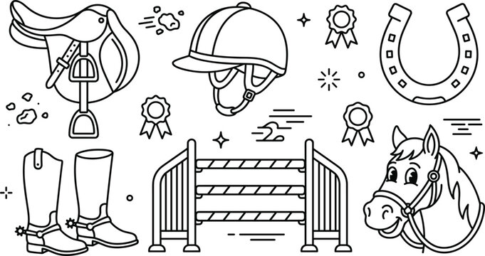 Horse riding and equestrian sport icon set with saddle helmet hurdle and horseshoe in doodle line art