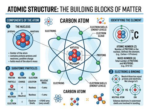 Detailed educational infographic showing the atomic structure of a carbon atom with labeled subatomic particles